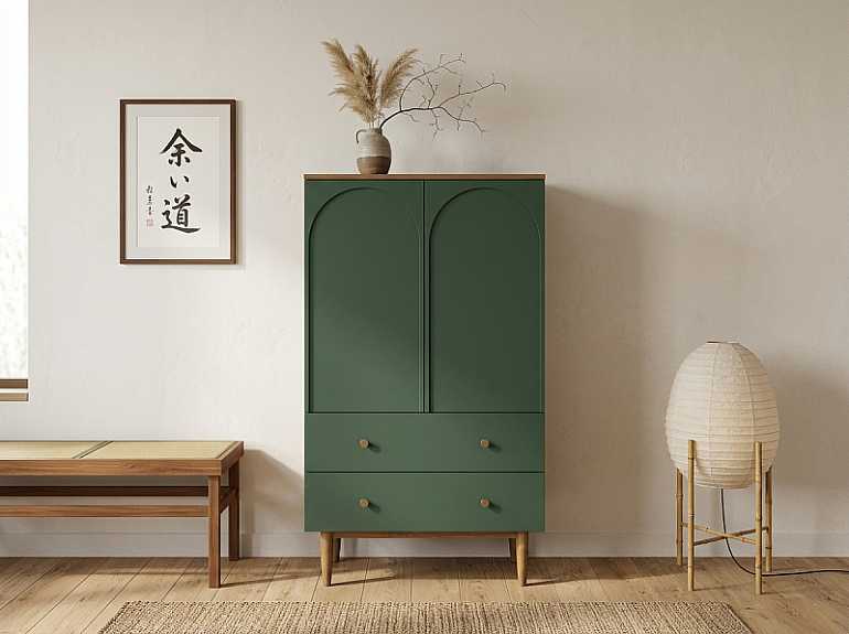 купить высокий комод с двумя дверками и двумя ящиками arka green