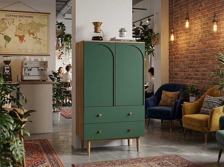 купить высокий комод с двумя дверками и двумя ящиками arka green